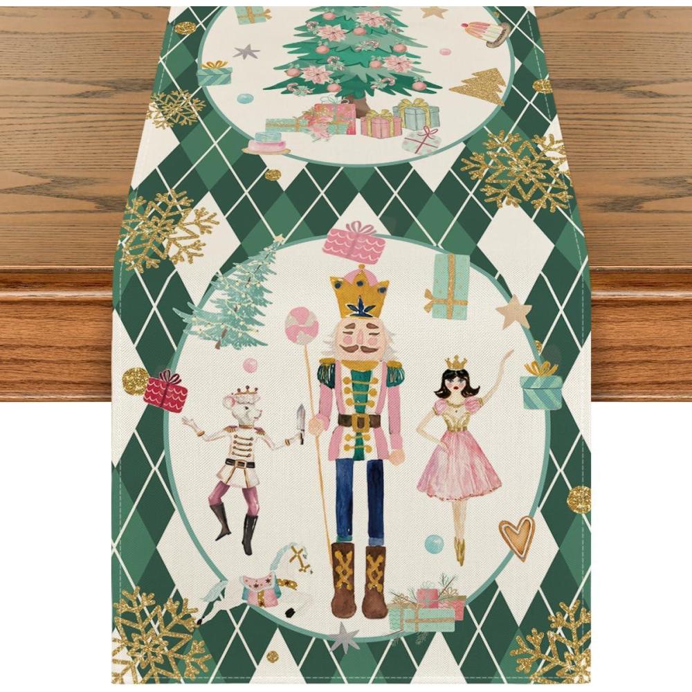 image:imageArtoid Mode Pink Diamond Plaid Nutcracker Snowflake Christmas Table Runner Seasonal Winter Kitchen Dining Table Decoration for Home Party Decor 13x72 InchGreen
