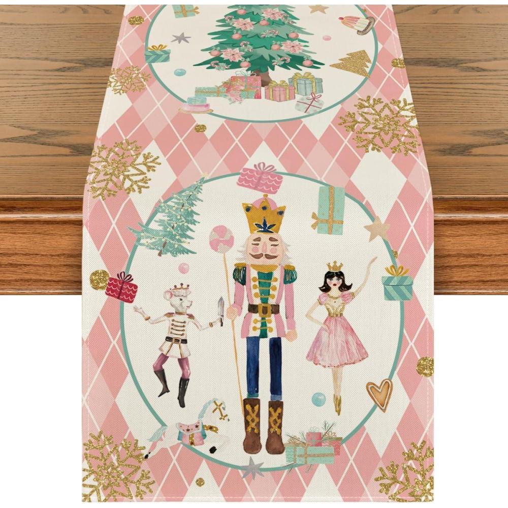 image:imageArtoid Mode Pink Diamond Plaid Nutcracker Snowflake Christmas Table Runner Seasonal Winter Kitchen Dining Table Decoration for Home Party Decor 13x72 InchPink