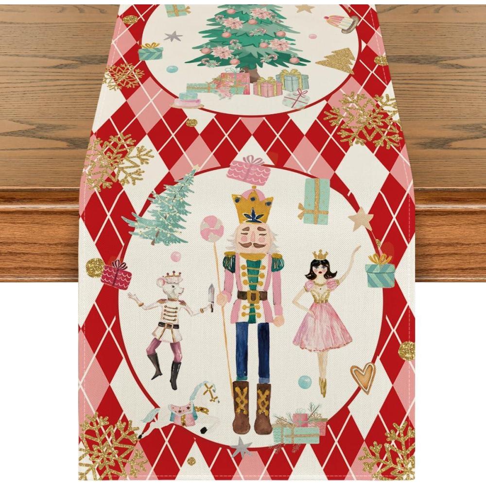 image:imageArtoid Mode Pink Diamond Plaid Nutcracker Snowflake Christmas Table Runner Seasonal Winter Kitchen Dining Table Decoration for Home Party Decor 13x72 InchRed
