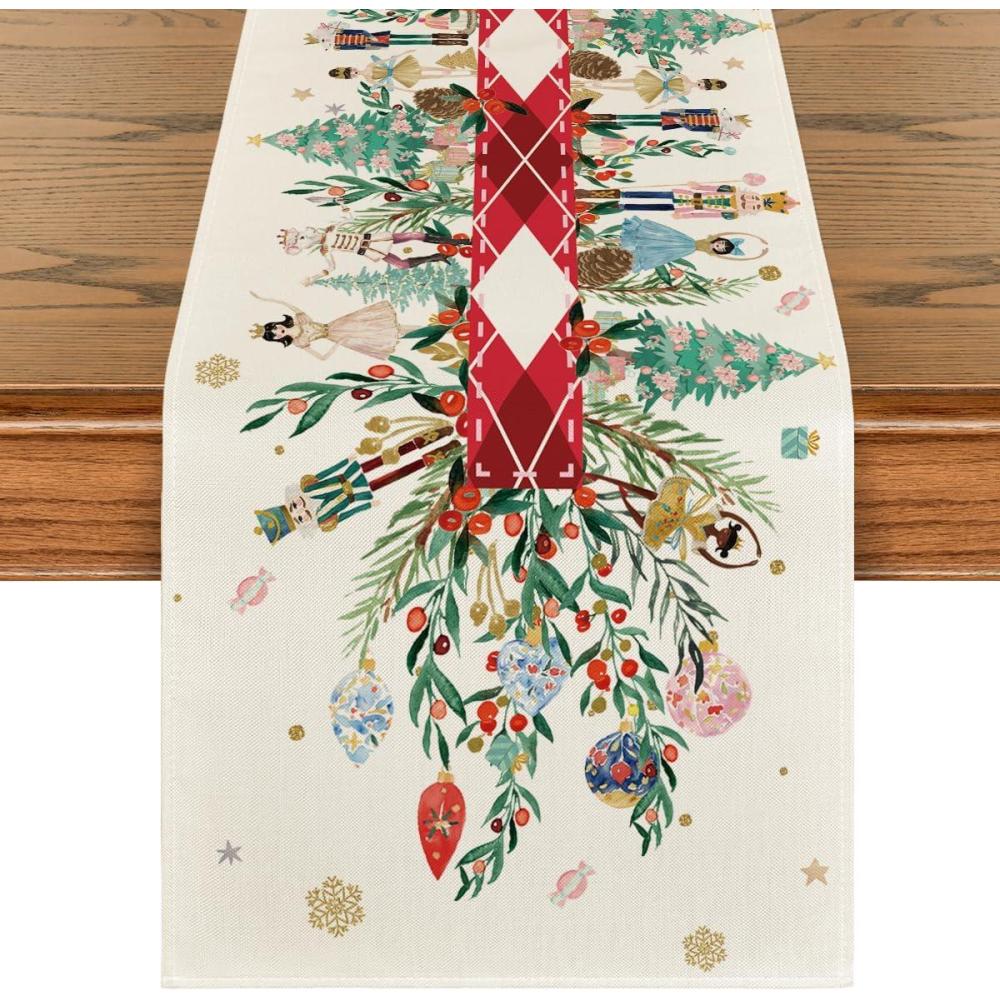 image:imageArtoid Mode Red Nutcracker Floral Holly Christmas Table Runner Seasonal Winter Kitchen Dining Table Decoration for Home Party Decor 13x72 InchRed