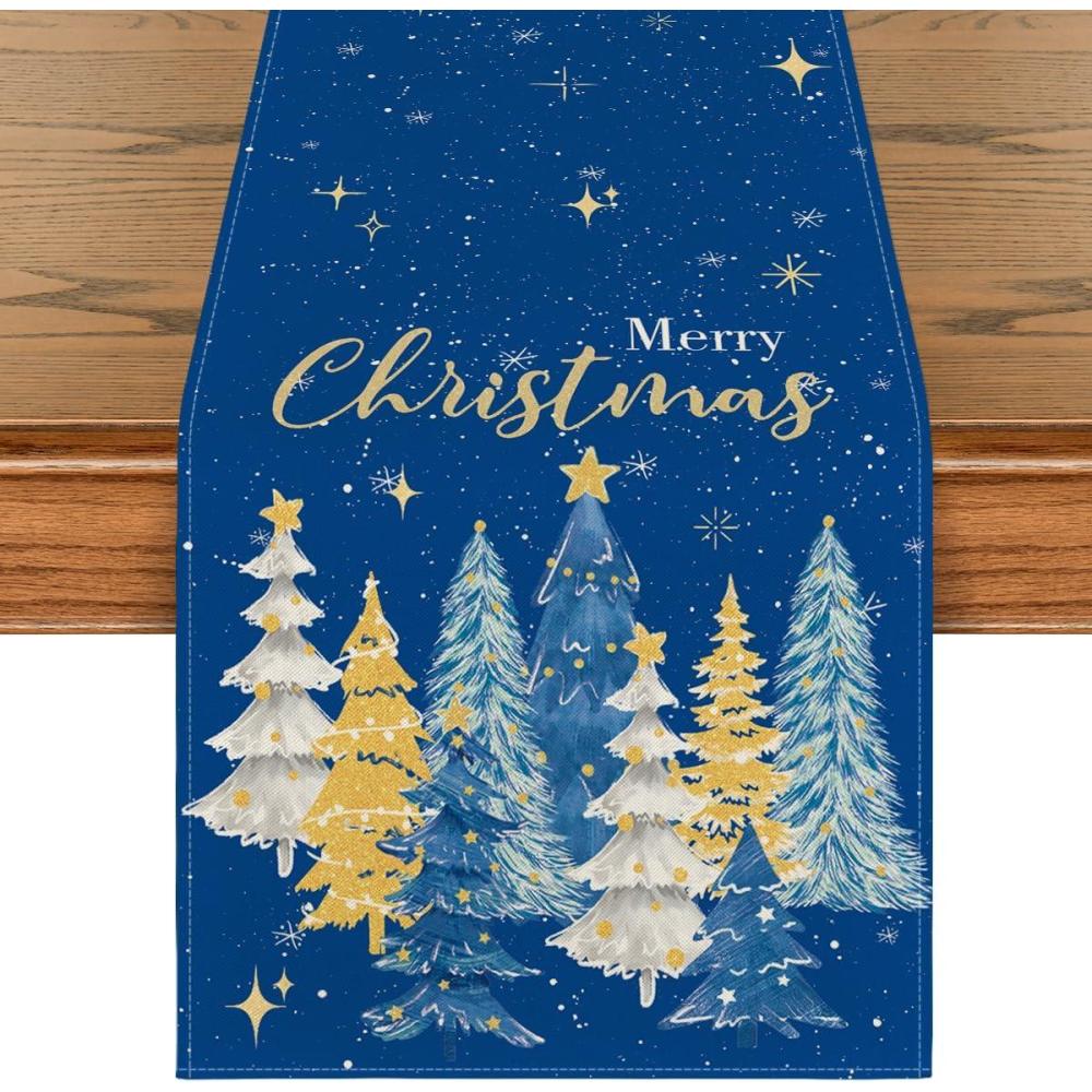 image:imageArtoid Mode Xmas Trees Black Merry Christmas Table Runner Seasonal Winter Kitchen Dining Table Decoration for Home Party Decor 13x72 InchBlue