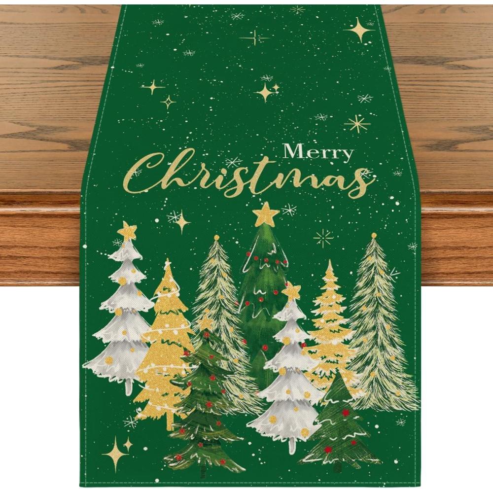 image:imageArtoid Mode Xmas Trees Black Merry Christmas Table Runner Seasonal Winter Kitchen Dining Table Decoration for Home Party Decor 13x72 InchGreen