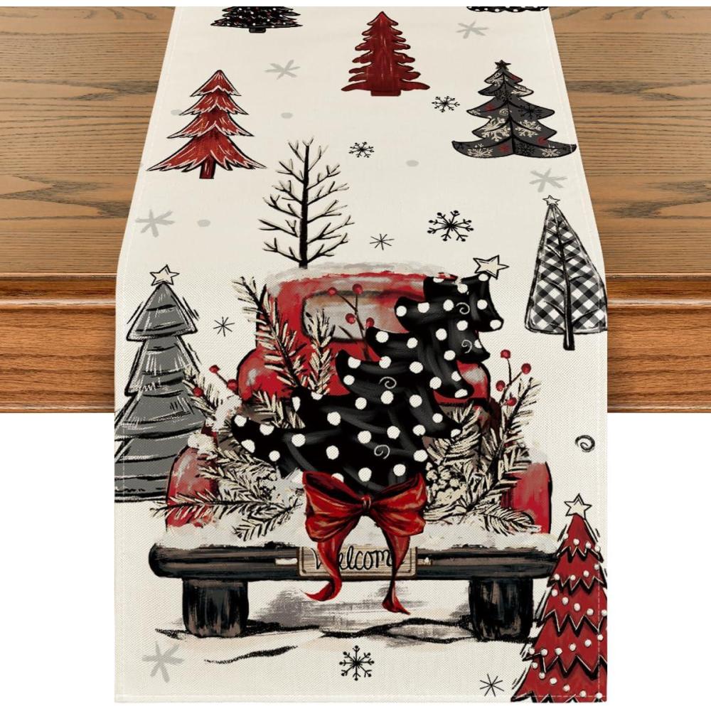 image:imageArtoid Mode Xmas Trees Red Truck Snowflake Merry Christmas Table Runner Seasonal Winter Kitchen Dining Table Decoration for Home Party Decor 13x72 InchRedBlackBeige