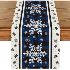 Artoid Mode Buffalo Plaid Snowflakes Christmas Table Runner, Seasonal Winter Kitchen Dining Table Decoration for Home Party Decor 13×72 Inch(Blue)