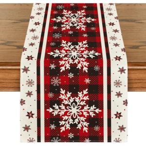 Artoid Mode Buffalo Plaid Snowflakes Christmas Table Runner, Seasonal Winter Kitchen Dining Table Decoration for Home Party Decor 13×72 Inch(Red)