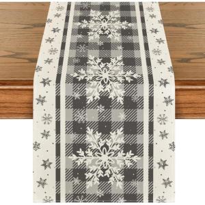 Artoid Mode Buffalo Plaid Snowflakes Christmas Table Runner, Seasonal Winter Kitchen Dining Table Decoration for Home Party Decor 13×72 Inch(Silver)