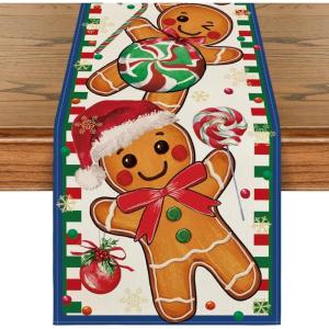 Artoid Mode Gingerbread Candy Cane Christmas Table Runner, Seasonal Winter Kitchen Dining Table Decoration for Home Party Decor 13×72 Inch(Blue)