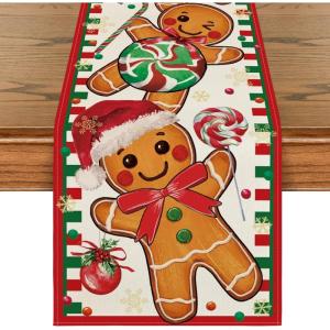 Artoid Mode Gingerbread Candy Cane Christmas Table Runner, Seasonal Winter Kitchen Dining Table Decoration for Home Party Decor 13×72 Inch(Red)