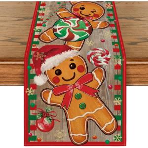 Artoid Mode Gingerbread Candy Cane Christmas Table Runner, Seasonal Winter Kitchen Dining Table Decoration for Home Party Decor 13×72 Inch(Red/Wood)