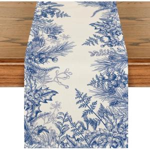 Artoid Mode Holly Pine Cone Christmas Table Runner, Seasonal Winter Kitchen Dining Table Decoration for Home Party Decor 13×72 Inch(Blue)
