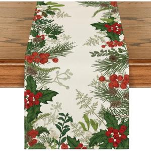 Artoid Mode Holly Pine Cone Christmas Table Runner, Seasonal Winter Kitchen Dining Table Decoration for Home Party Decor 13×72 Inch(Green)