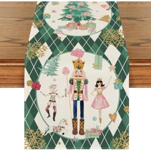 Artoid Mode Pink Diamond Plaid Nutcracker Snowflake Christmas Table Runner, Seasonal Winter Kitchen Dining Table Decoration for Home Party Decor 13×72 Inch(Green)