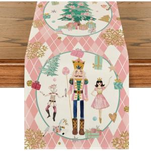 Artoid Mode Pink Diamond Plaid Nutcracker Snowflake Christmas Table Runner, Seasonal Winter Kitchen Dining Table Decoration for Home Party Decor 13×72 Inch(Pink)