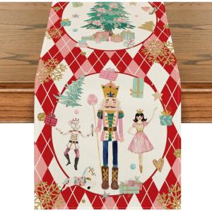 Artoid Mode Pink Diamond Plaid Nutcracker Snowflake Christmas Table Runner, Seasonal Winter Kitchen Dining Table Decoration for Home Party Decor 13×72 Inch(Red)