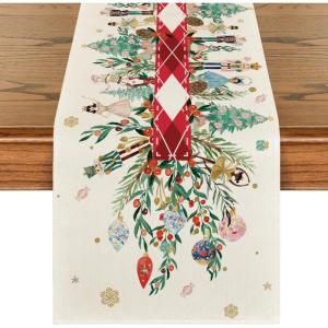 Artoid Mode Red Nutcracker Floral Holly Christmas Table Runner, Seasonal Winter Kitchen Dining Table Decoration for Home Party Decor 13×72 Inch(Red)