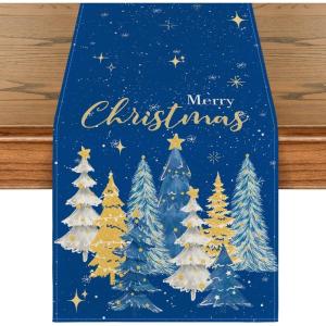 Artoid Mode Xmas Trees Black Merry Christmas Table Runner, Seasonal Winter Kitchen Dining Table Decoration for Home Party Decor 13×72 Inch(Blue)