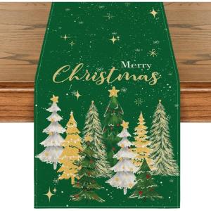 Artoid Mode Xmas Trees Black Merry Christmas Table Runner, Seasonal Winter Kitchen Dining Table Decoration for Home Party Decor 13×72 Inch(Green)