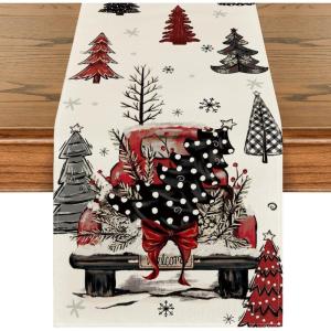 Artoid Mode Xmas Trees Red Truck Snowflake Merry Christmas Table Runner, Seasonal Winter Kitchen Dining Table Decoration for Home Party Decor 13×72 Inch(Red/Black/Beige)
