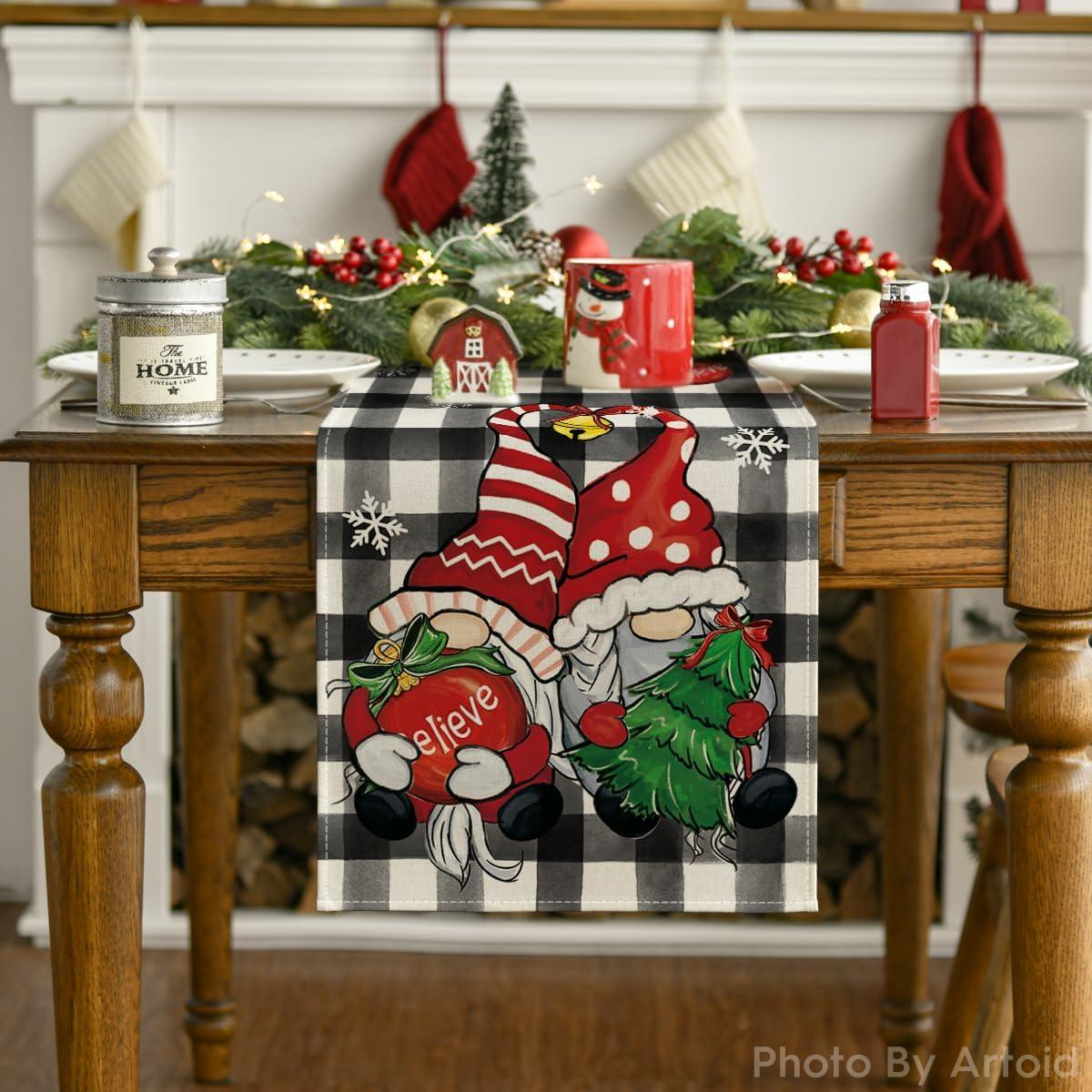 image:imageArtoid Mode Buffalo Plaid Gnome Bell Xmas Tree Christmas Table Runner Seasonal Winter Kitchen Dining Table Decoration for Home Party Decor 13x72 InchBlackWhite
