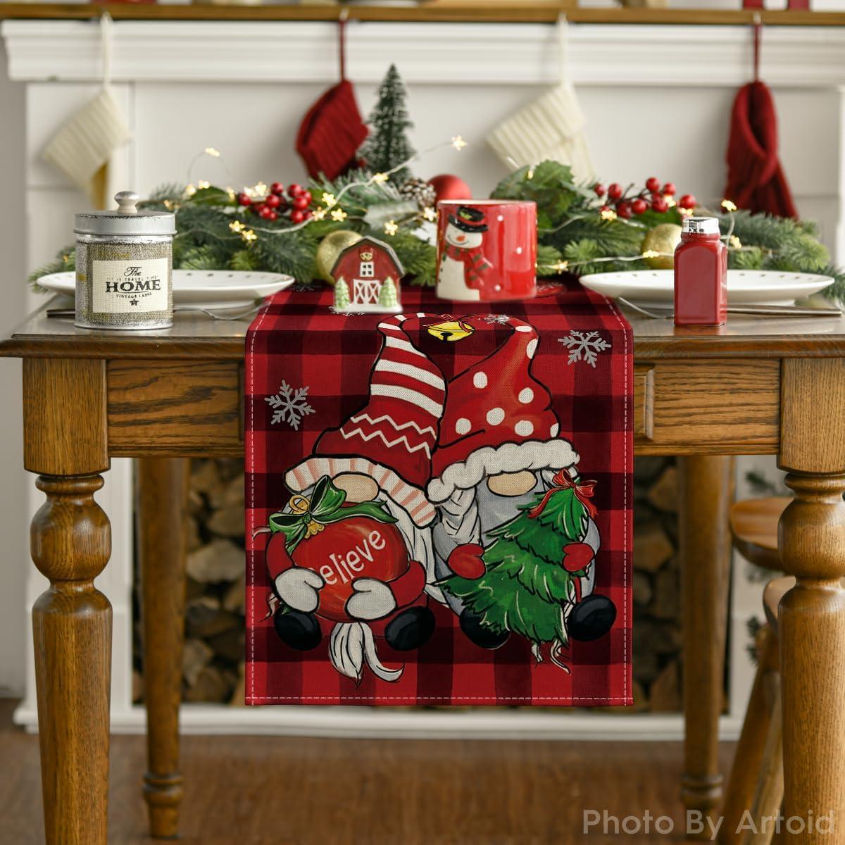 image:imageArtoid Mode Buffalo Plaid Gnome Bell Xmas Tree Christmas Table Runner Seasonal Winter Kitchen Dining Table Decoration for Home Party Decor 13x72 InchRed Black