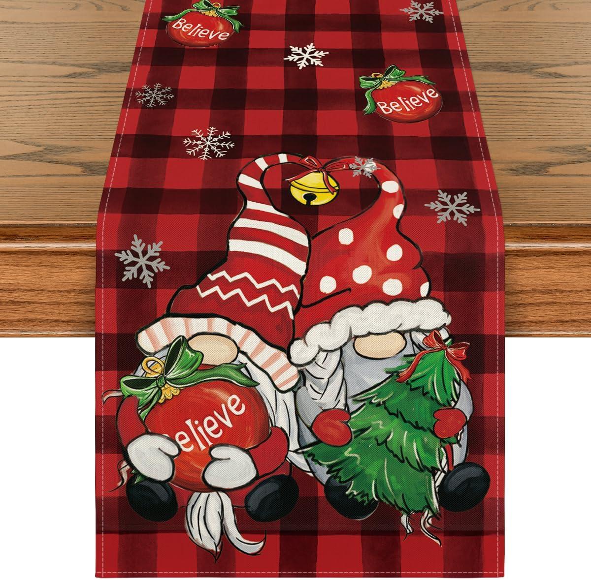 image:imageArtoid Mode Buffalo Plaid Gnome Bell Xmas Tree Christmas Table Runner Seasonal Winter Kitchen Dining Table Decoration for Home Party Decor 13x72 InchRed Black