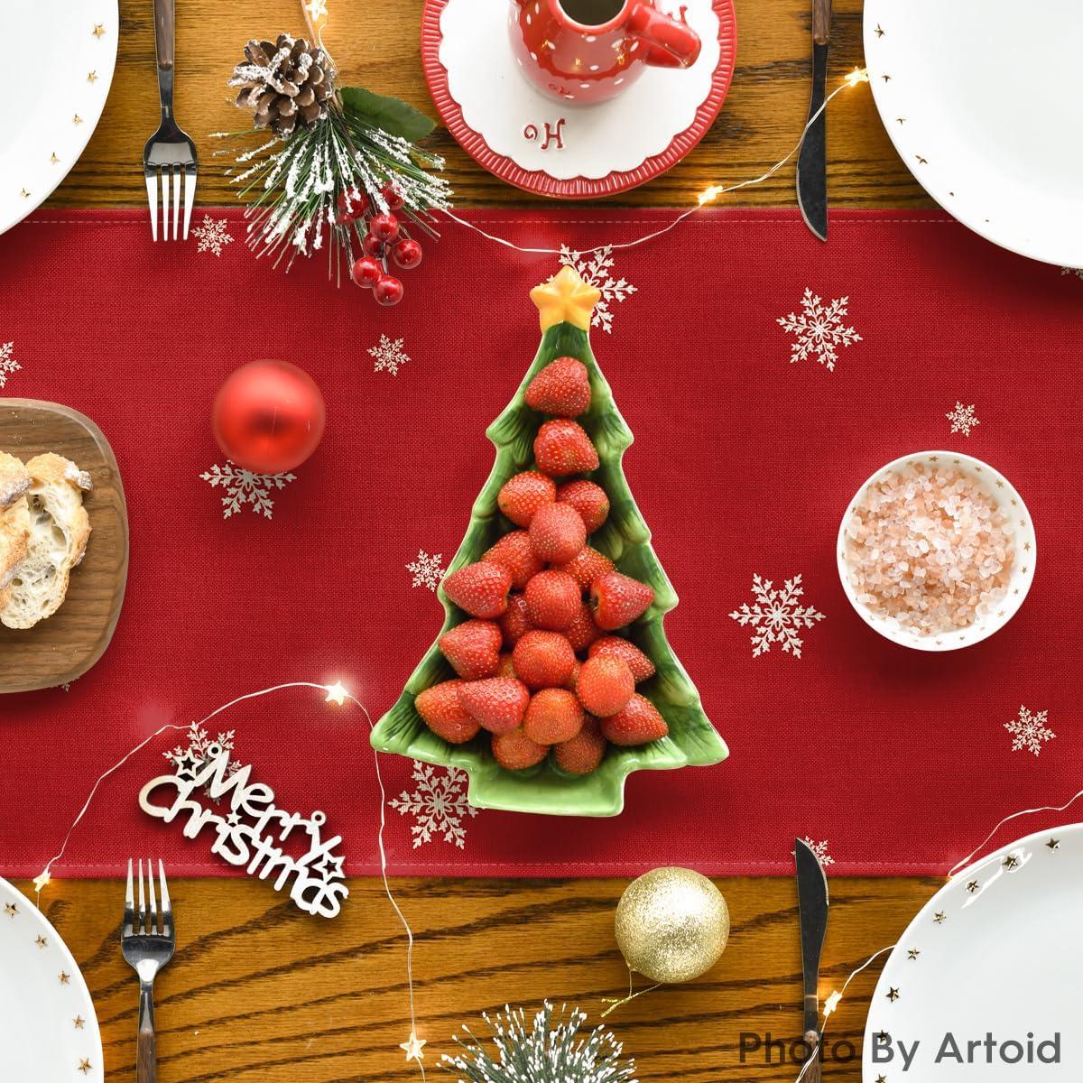 image:imageArtoid Mode Red Xmas Pine Snowflake Merry Christmas Table Runner Seasonal Winter Kitchen Dining Table Decoration for Home Party Decor 13x72 InchRed
