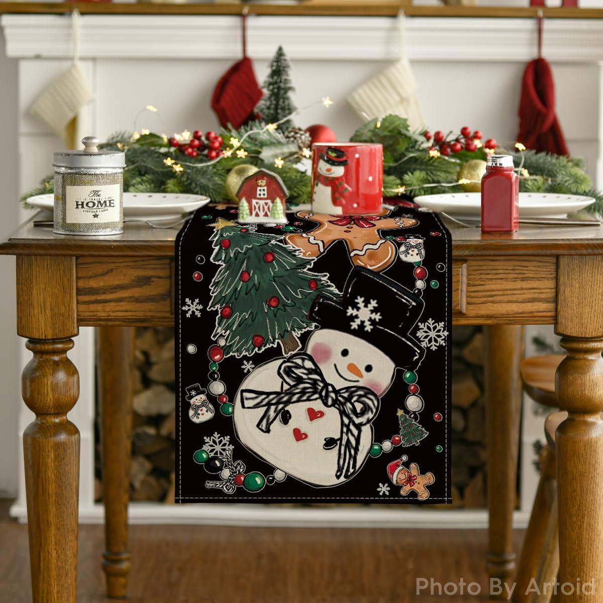 image:imageArtoid Mode Snowman Gingerbread Xmas Pine Merry Christmas Table Runner Seasonal Winter Kitchen Dining Table Decoration for Home Party Decor 13x72 InchBlack
