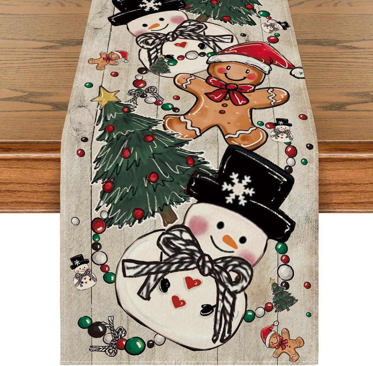 image:imageArtoid Mode Snowman Gingerbread Xmas Pine Merry Christmas Table Runner Seasonal Winter Kitchen Dining Table Decoration for Home Party Decor 13x72 InchWood