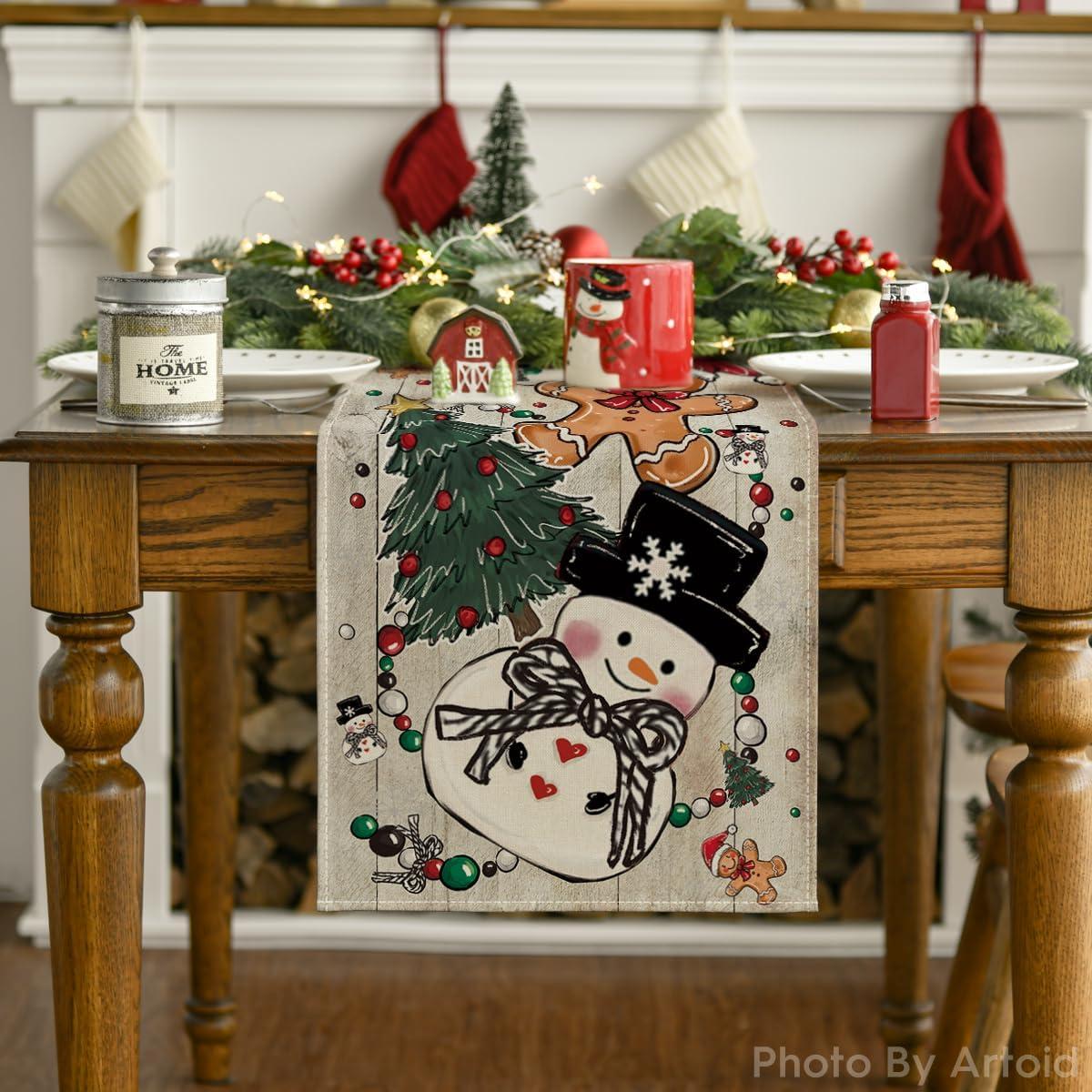 image:imageArtoid Mode Snowman Gingerbread Xmas Pine Merry Christmas Table Runner Seasonal Winter Kitchen Dining Table Decoration for Home Party Decor 13x72 InchWood