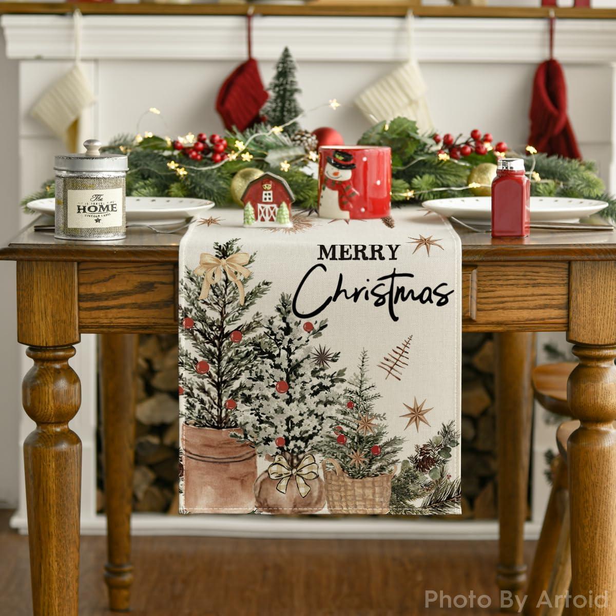 image:imageArtoid Mode Xmas Trees Holly Pine Cone Merry Christmas Table Runner Seasonal Winter Kitchen Dining Table Decoration for Home Party Decor 13x72 InchBeige