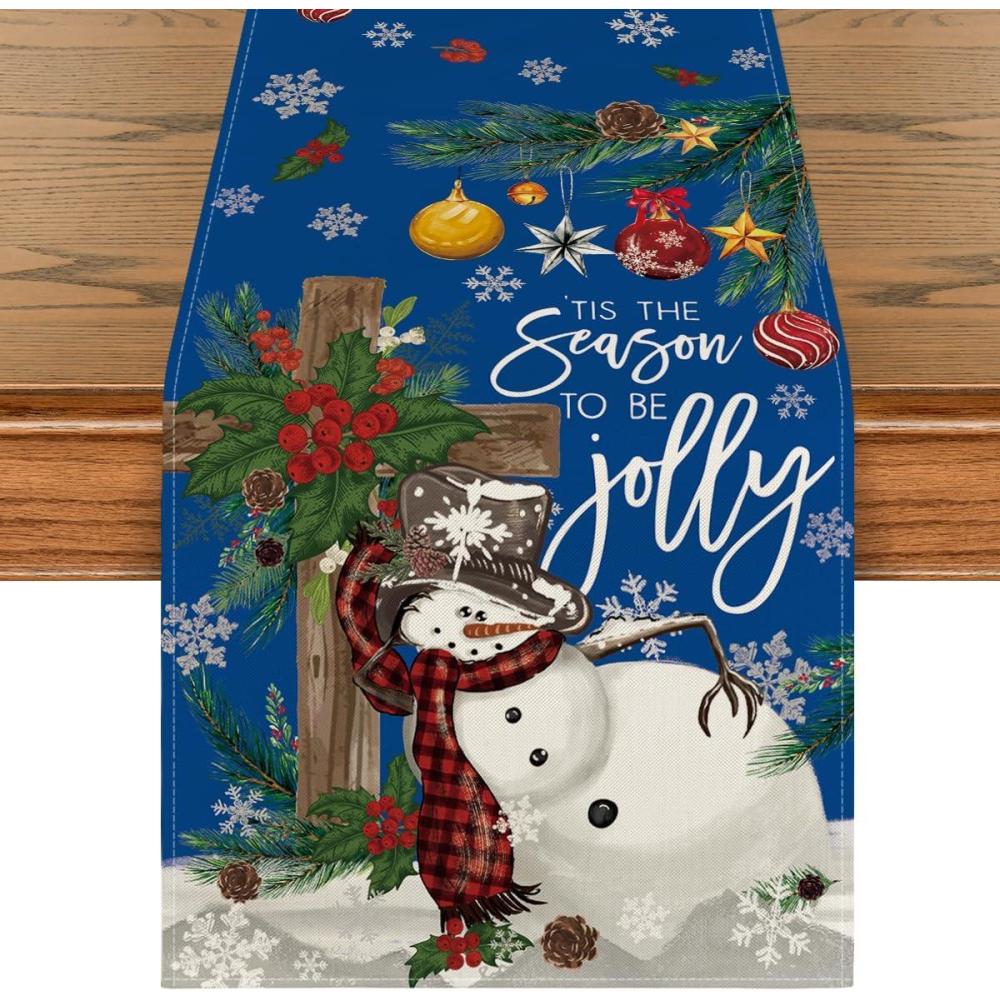 image:imageArtoid Mode Holly Fir Snowman Leaves Christmas Table Runner Seasonal Winter Xmas Balls Kitchen Dining Table Decoration for Home Party Decor 13x72 InchBlue