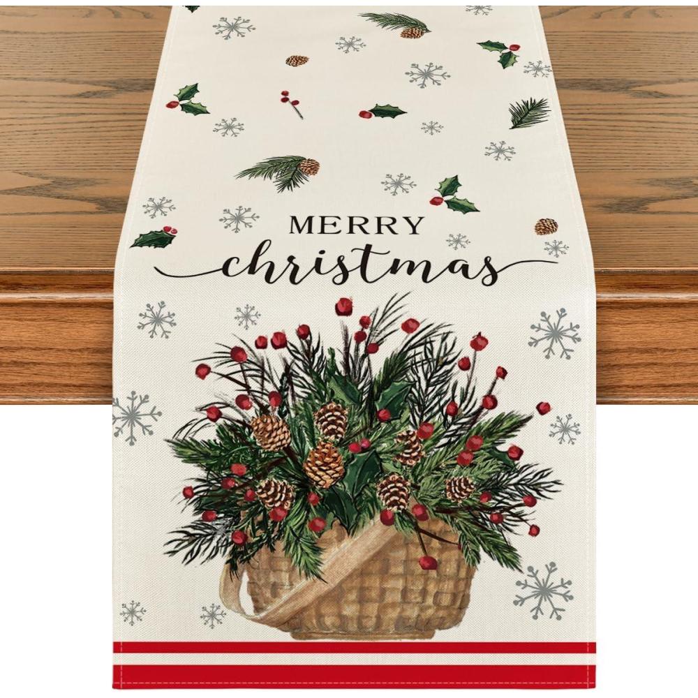 image:imageArtoid Mode Holly Xmas Pine Basket Snowflake Merry Christmas Table Runner Seasonal Winter Kitchen Dining Table Decoration for Home Party Decor 13x72 InchRedBeige