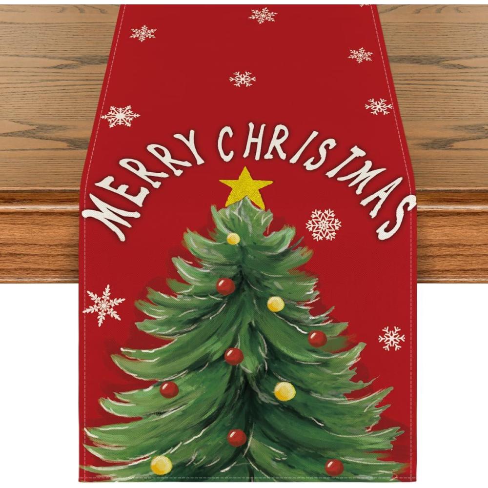 image:imageArtoid Mode Red Xmas Pine Snowflake Merry Christmas Table Runner Seasonal Winter Kitchen Dining Table Decoration for Home Party Decor 13x72 InchRed