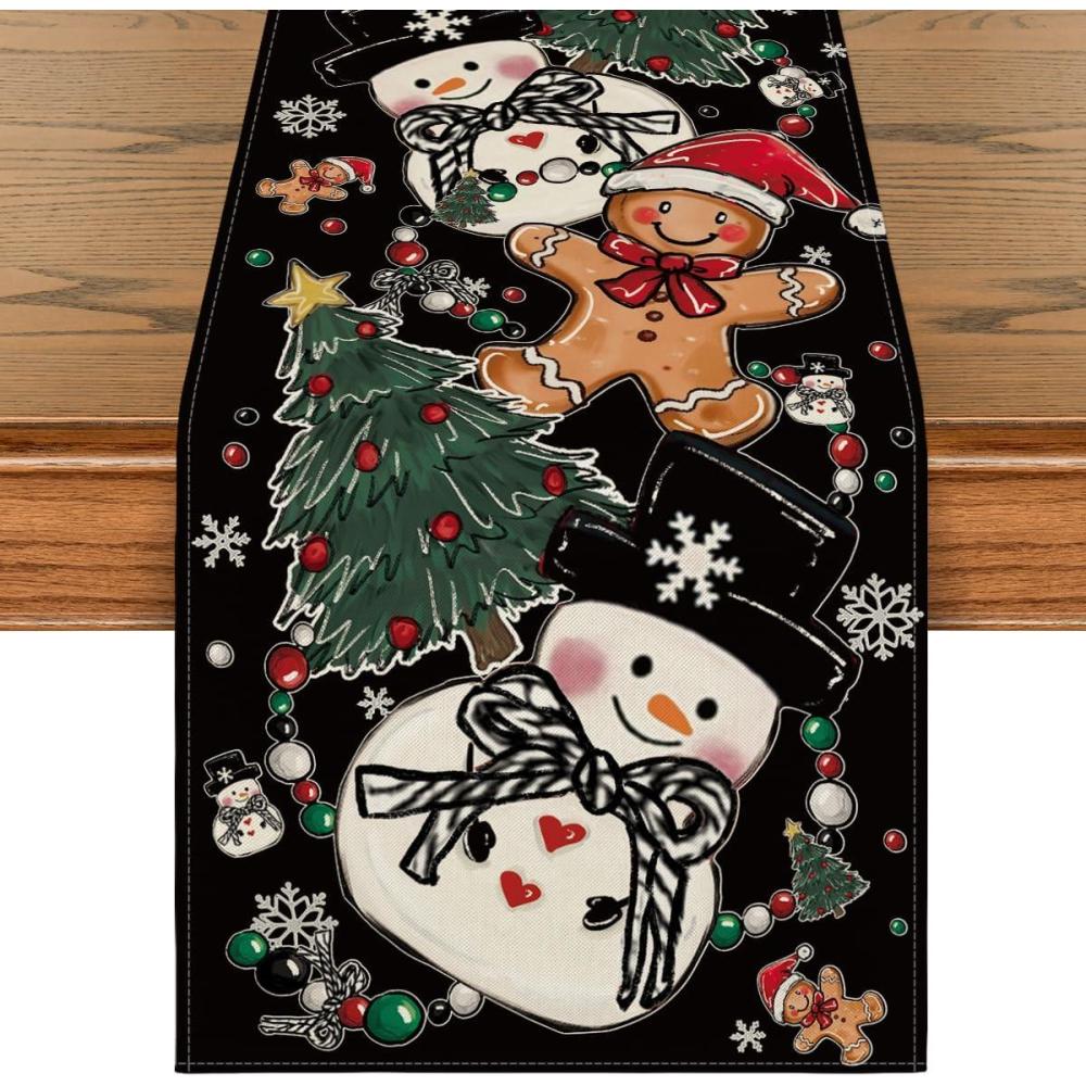image:imageArtoid Mode Snowman Gingerbread Xmas Pine Merry Christmas Table Runner Seasonal Winter Kitchen Dining Table Decoration for Home Party Decor 13x72 InchBlack