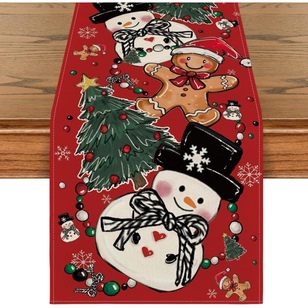 image:imageArtoid Mode Snowman Gingerbread Xmas Pine Merry Christmas Table Runner Seasonal Winter Kitchen Dining Table Decoration for Home Party Decor 13x72 InchRed