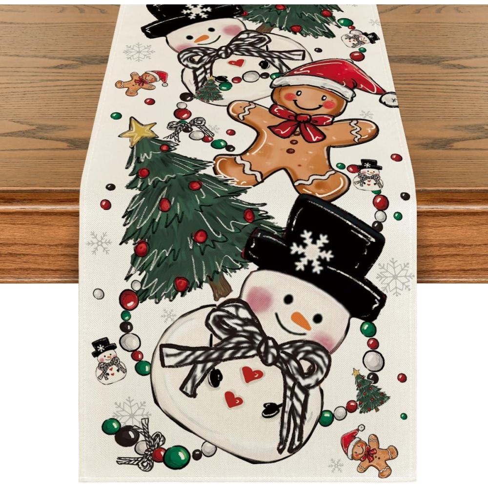 image:imageArtoid Mode Snowman Gingerbread Xmas Pine Merry Christmas Table Runner Seasonal Winter Kitchen Dining Table Decoration for Home Party Decor 13x72 InchBeige