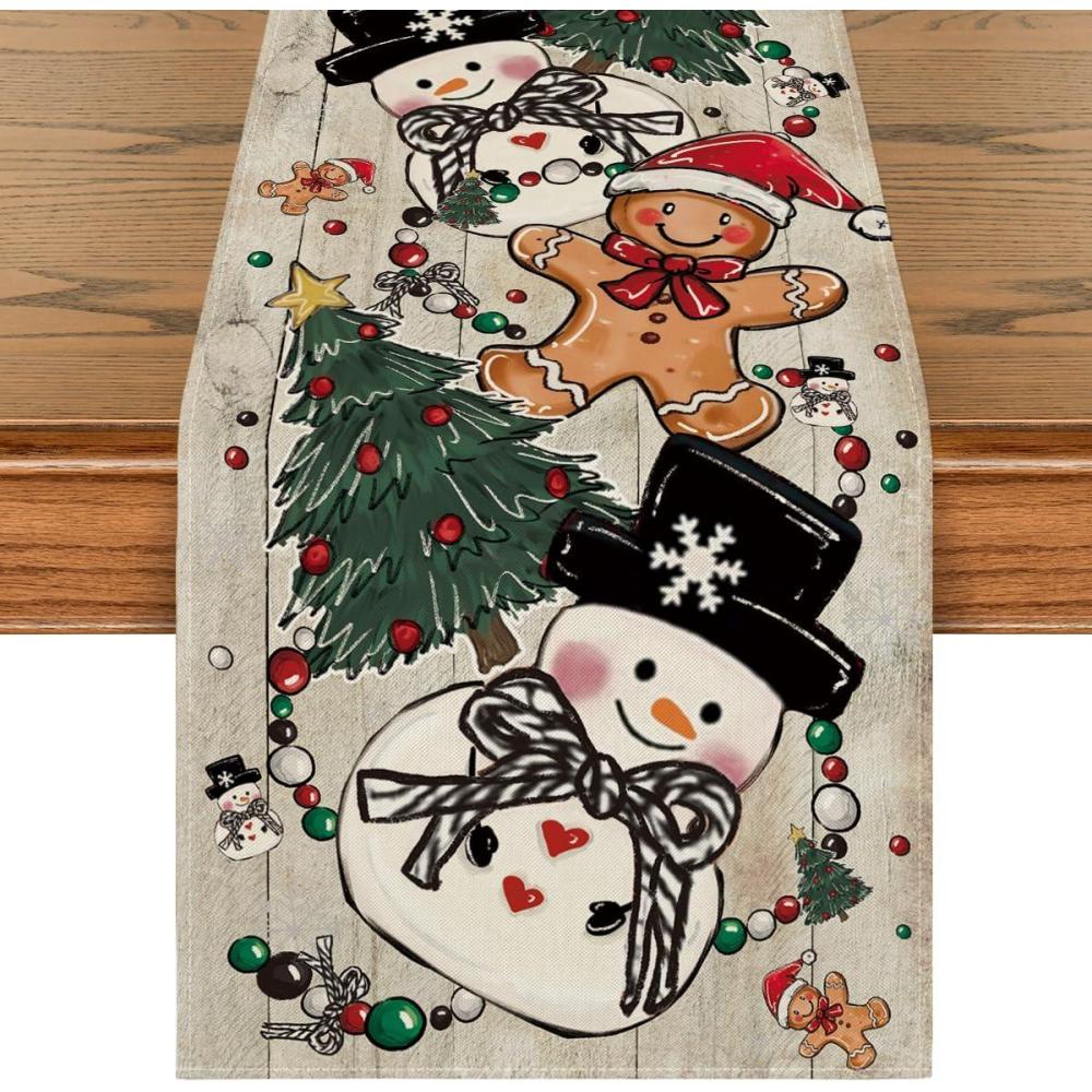 image:imageArtoid Mode Snowman Gingerbread Xmas Pine Merry Christmas Table Runner Seasonal Winter Kitchen Dining Table Decoration for Home Party Decor 13x72 InchWood