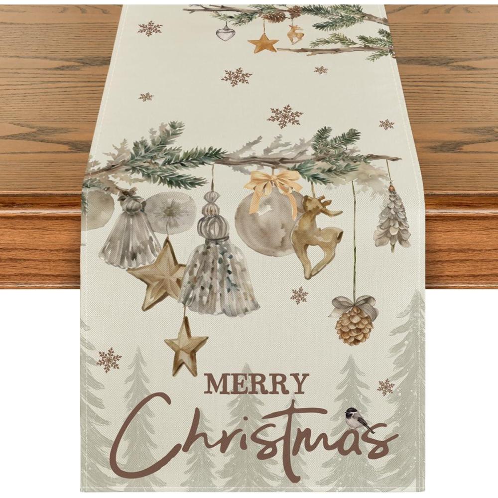 image:imageArtoid Mode Xmas Pine Ornament Snowflake Merry Christmas Table Runner Seasonal Winter Kitchen Dining Table Decoration for Home Party Decor 13x72 InchBeige