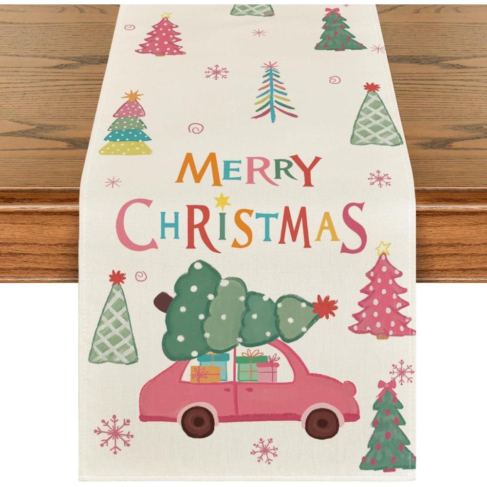 image:imageArtoid Mode Xmas Trees Pink Car Snowflake Merry Christmas Table Runner Seasonal Winter Kitchen Dining Table Decoration for Home Party Decor 13x72 InchBeige