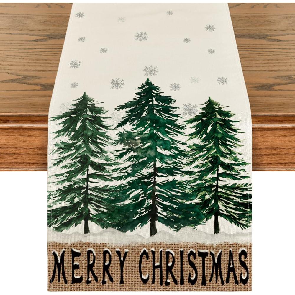 image:imageArtoid Mode Xmas Trees Snowflake Merry Christmas Table Runner Seasonal Winter Green Kitchen Dining Table Decoration for Home Party Decor 13x72 InchGreen