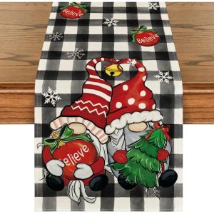 Artoid Mode Buffalo Plaid Gnome Bell Xmas Tree Christmas Table Runner, Seasonal Winter Kitchen Dining Table Decoration for Home Party Decor 13×72 Inch(Black/White)
