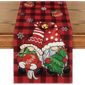 Artoid Mode Buffalo Plaid Gnome Bell Xmas Tree Christmas Table Runner, Seasonal Winter Kitchen Dining Table Decoration for Home Party Decor 13×72 Inch(Red / Black)
