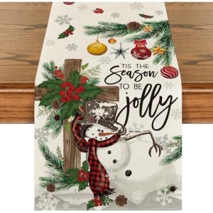 Artoid Mode Holly Fir Snowman Leaves Christmas Table Runner, Seasonal Winter Xmas Balls Kitchen Dining Table Decoration for Home Party Decor 13×72 Inch(Beige)