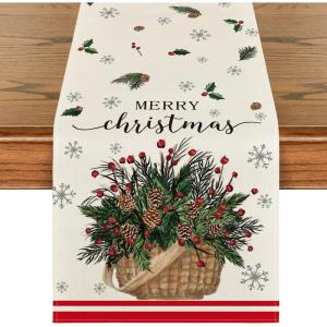 Artoid Mode Holly Xmas Pine Basket Snowflake Merry Christmas Table Runner, Seasonal Winter Kitchen Dining Table Decoration for Home Party Decor 13×72 Inch(Red/Beige)