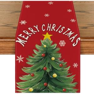 Artoid Mode Red Xmas Pine Snowflake Merry Christmas Table Runner, Seasonal Winter Kitchen Dining Table Decoration for Home Party Decor 13×72 Inch(Red)