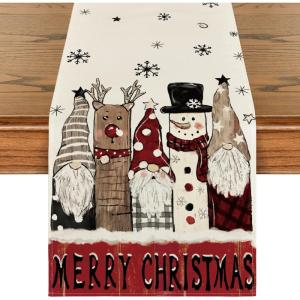 Artoid Mode Santa Claus Reindeer Snowman Merry Christmas Table Runner, Seasonal Winter Kitchen Dining Table Decoration for Home Party Decor 13×72 Inch(Red/Beige)