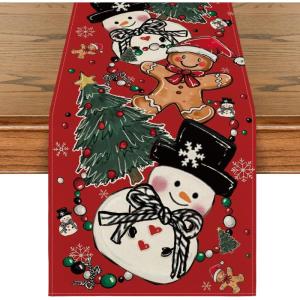 Artoid Mode Snowman Gingerbread Xmas Pine Merry Christmas Table Runner, Seasonal Winter Kitchen Dining Table Decoration for Home Party Decor 13×72 Inch(Red)