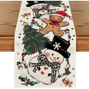 Artoid Mode Snowman Gingerbread Xmas Pine Merry Christmas Table Runner, Seasonal Winter Kitchen Dining Table Decoration for Home Party Decor 13×72 Inch(Beige)