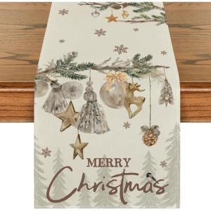 Artoid Mode Xmas Pine Ornament Snowflake Merry Christmas Table Runner, Seasonal Winter Kitchen Dining Table Decoration for Home Party Decor 13×72 Inch(Beige)