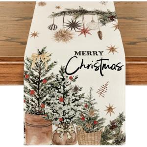 Artoid Mode Xmas Trees Holly Pine Cone Merry Christmas Table Runner, Seasonal Winter Kitchen Dining Table Decoration for Home Party Decor 13×72 Inch(Beige)
